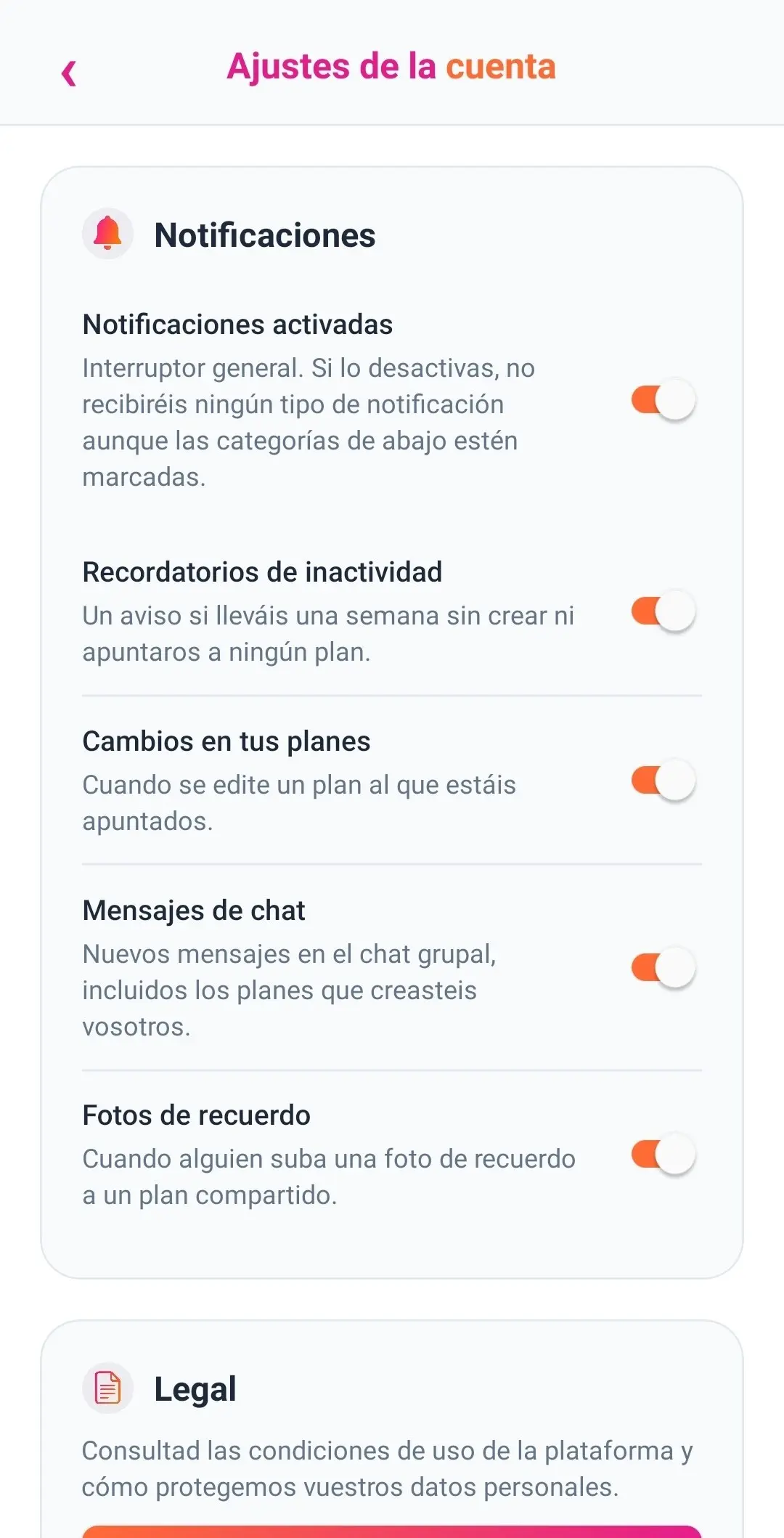 Pantalla de ajustes