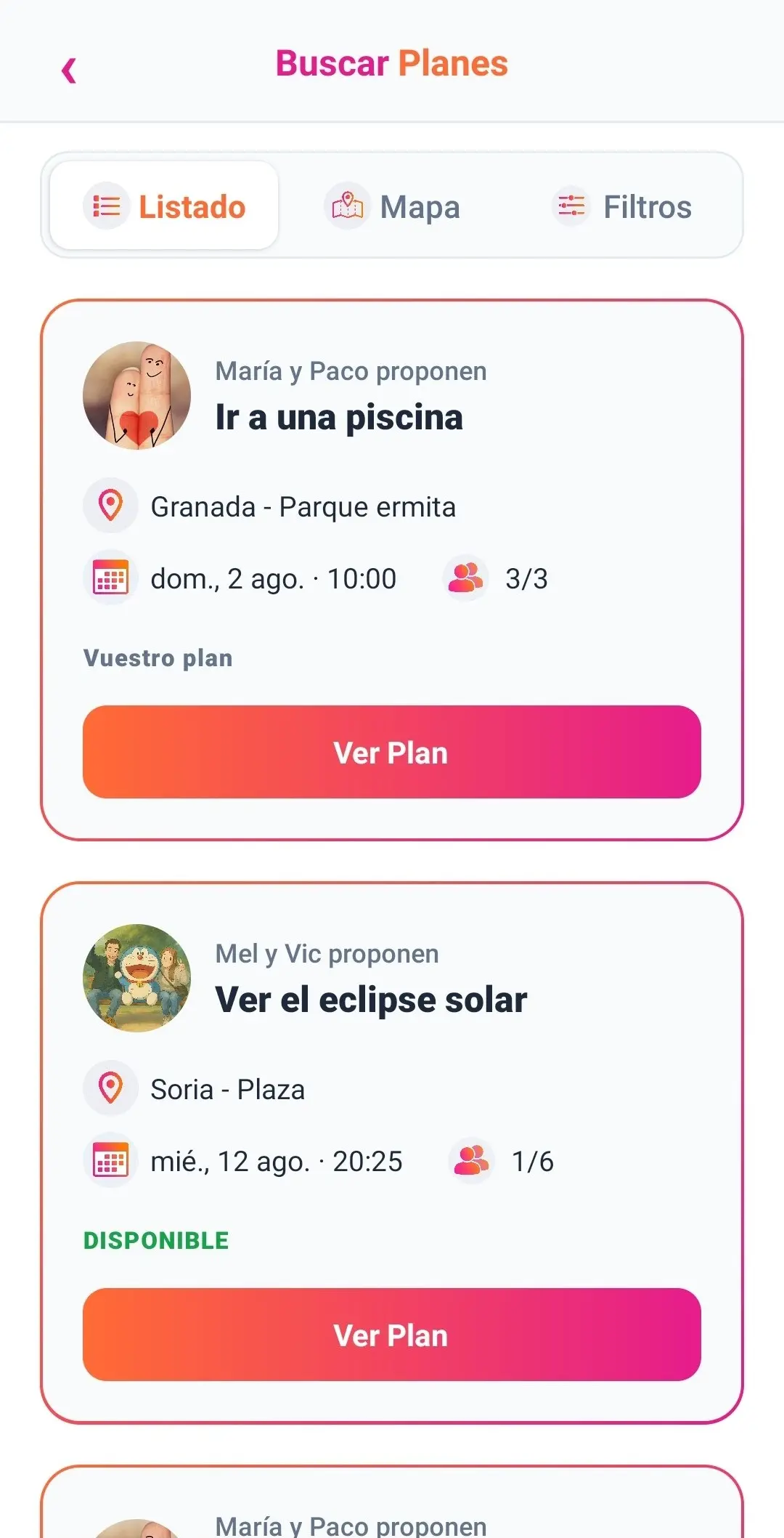 Captura de la app MesaPara4: pantalla de Buscar planes