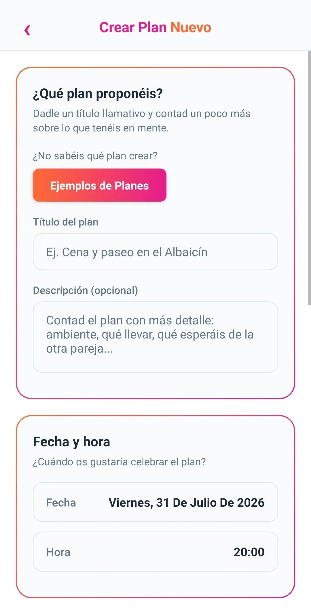 Pantalla de crear plan