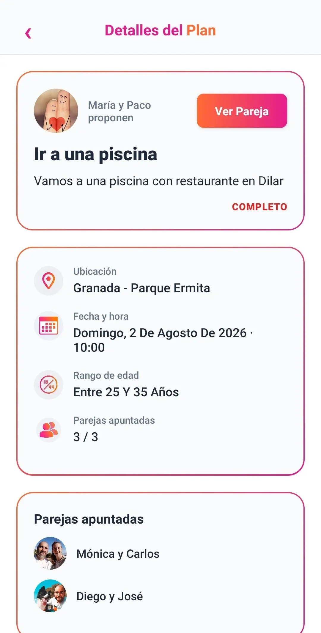 Pantalla de detalles del plan